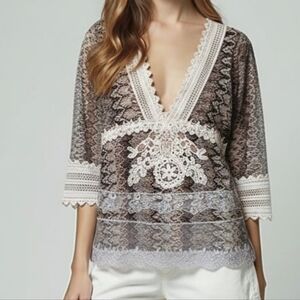Passion Concept Brown and Cream Lace Tunic Blouse with V-Neck and 3/4 Sleeves